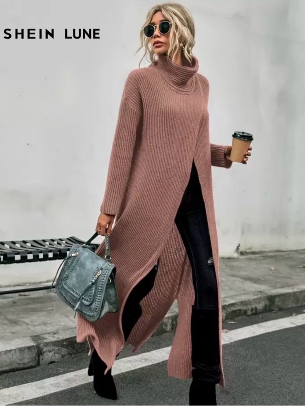 SHEIN Dusty Rose Ribbed Turtleneck Sweater Dress